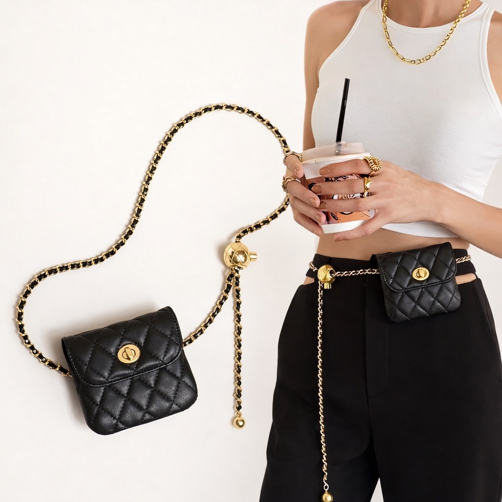 Luxe Quilted Black Chain Belt Bag | Mini Crossbody & Waist Bag | Gold Chain